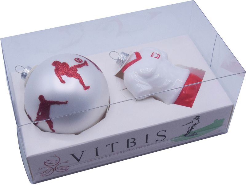 Bombki szklane Vitbis zestaw koszulka piłkarska 8 cm biało-czerwone