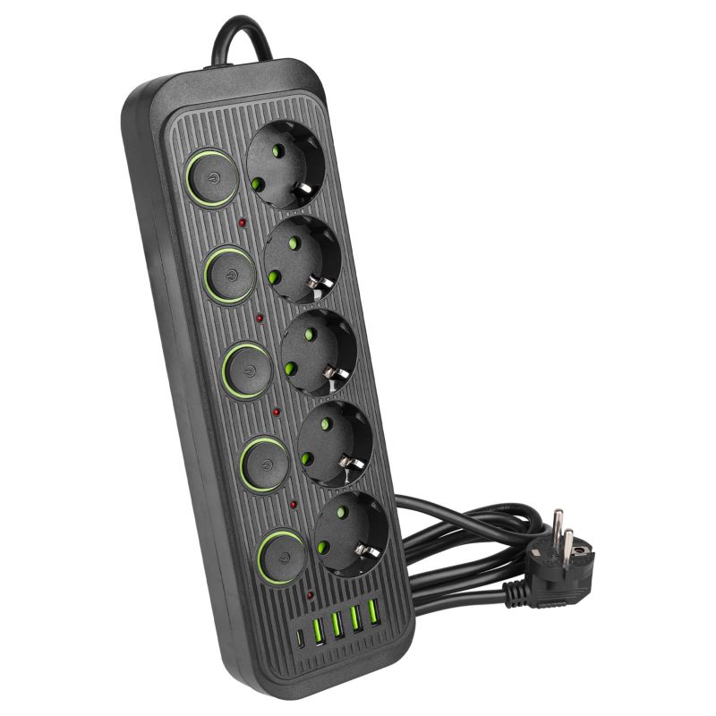 Przedłużacz MasterLED Modi 2m 5 gniazd 230V Schuko + 4xUSB-A 1xUSB-C włączniki czarny 1 szt.