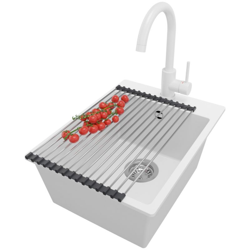 Zlewozmywak Granitowy Ryga PRIMAGRAN Nablatowy 38x50cm do szafki od 40cm z Syfonem i Baterią i Dodatkiem Biały 1 szt.