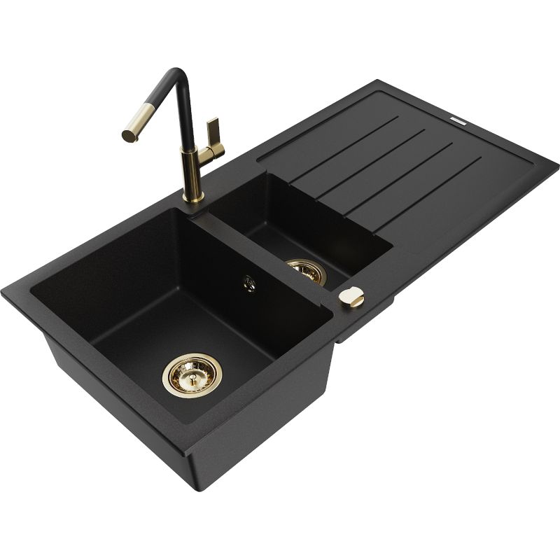 Zlewozmywak granitowy 1.5-komorowy Mexen Andres z ociekaczem i baterią kuchenną Flora czarny - 6515-77-670401-57-B 1 szt.