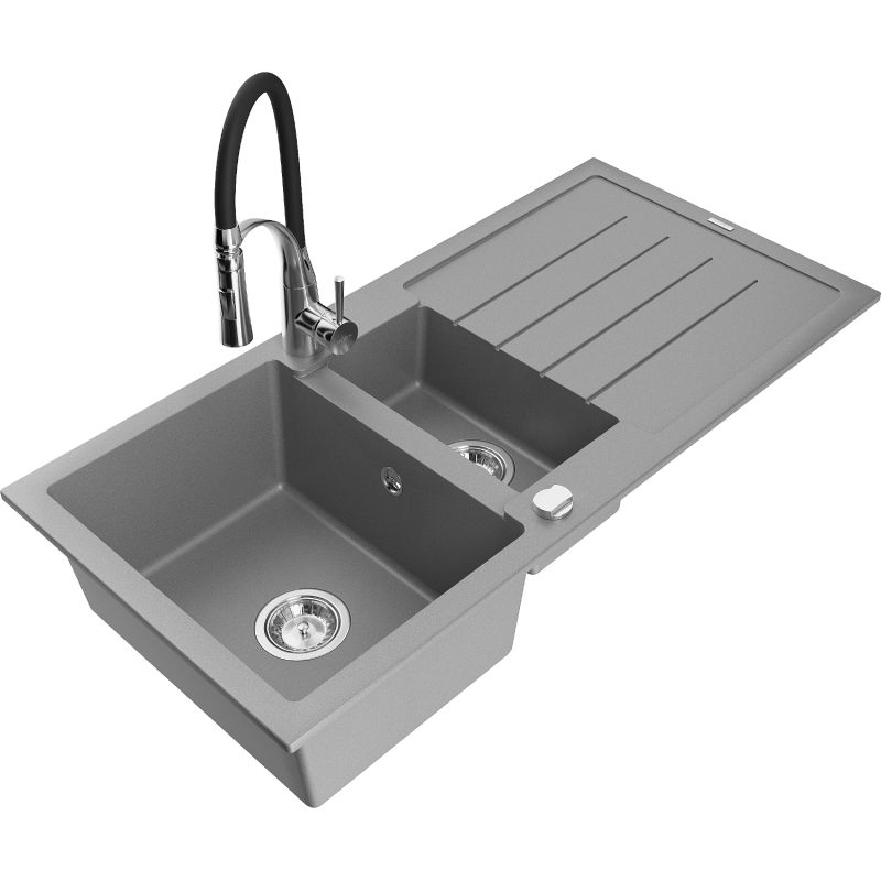 Zlewozmywak granitowy 1.5-komorowy Mexen Andres z ociekaczem i baterią kuchenną Aster szary 6515-71-73450-07