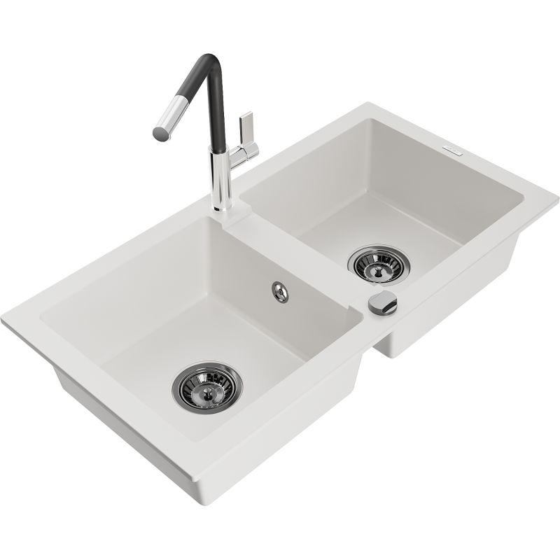 Zlewozmywak granitowy 2-komorowy Mexen Mario z baterią kuchenną Flora biały 6504-20-670401-07-B