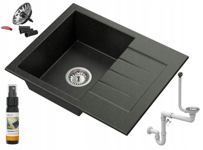 Zlewozmywak Granitowy Kuchenny Czarny Nakrapiany Granitan Milano z Syfonem 1kpl.