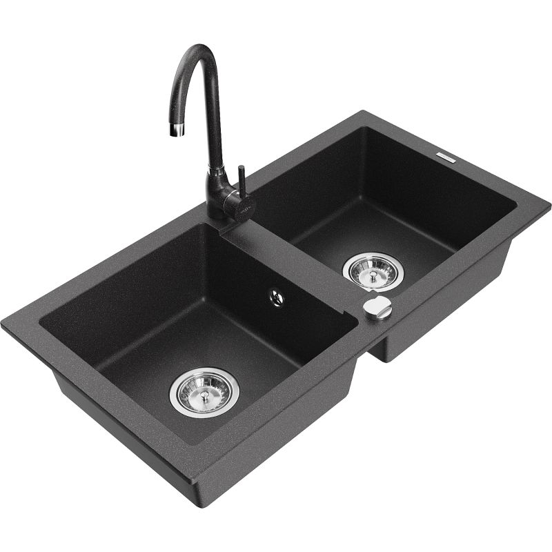 Zlewozmywak granitowy 2-komorowy Mexen Mario z baterią kuchenną Telma czarny/srebrny - 6504-73-670200-70 1 szt.