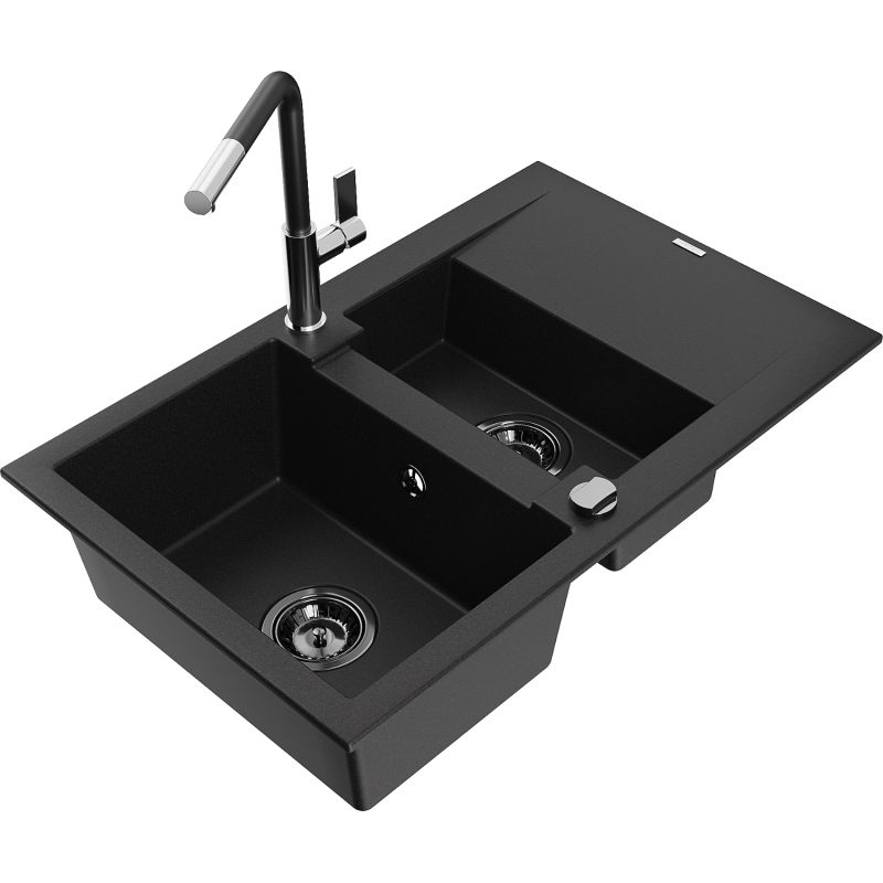 Zlewozmywak granitowy 1.5-komorowy Mexen Gaspar z ociekaczem i baterią kuchenną Flora czarny 6507-77-670401-07-B