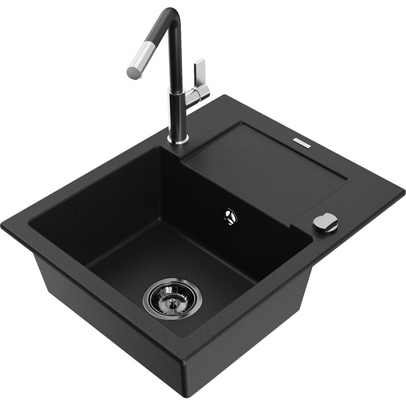 Zlewozmywak granitowy 1-komorowy Mexen Enzo z ociekaczem i baterią kuchenną Flora czarny - 6506-77-670401-70-B 1 szt.