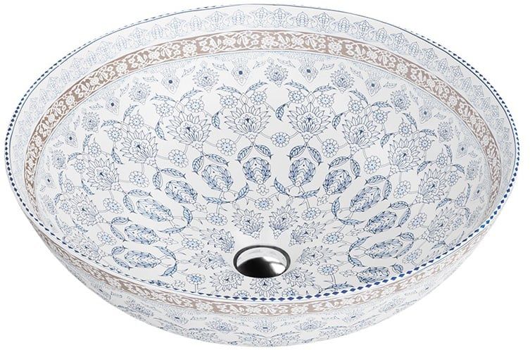 Umywalka nablatowa LaVita Folklor 40x40 cm okrągła biała/niebieska porcelana 1 szt.