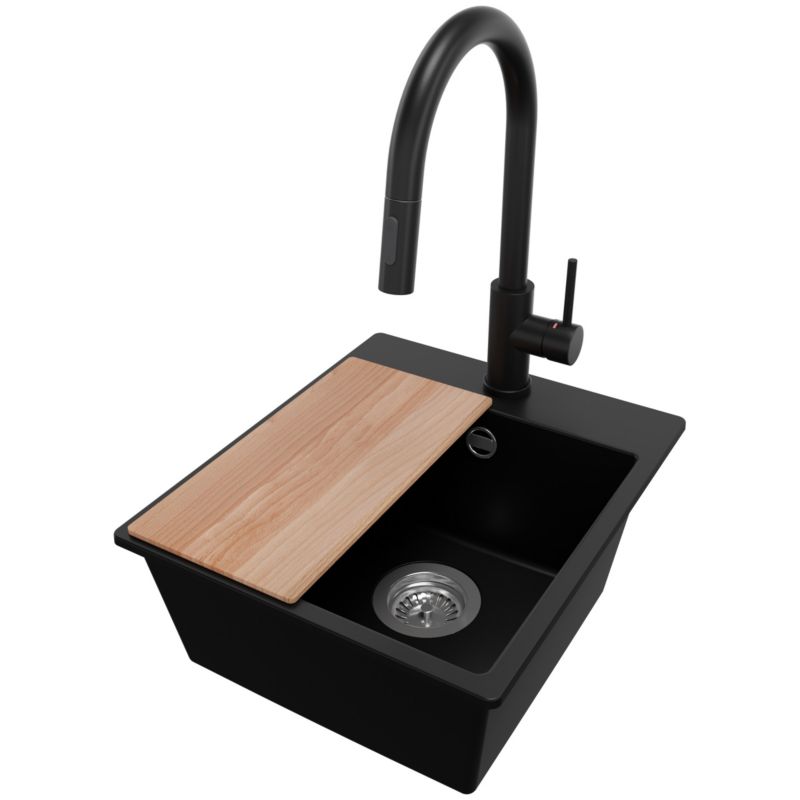 Zlewozmywak Granitowy Ryga Easy PRIMAGRAN Nablatowy 38x44cm do szafki od 40cm z Syfonem i Baterią i Dodatkiem Czarny 1 szt.