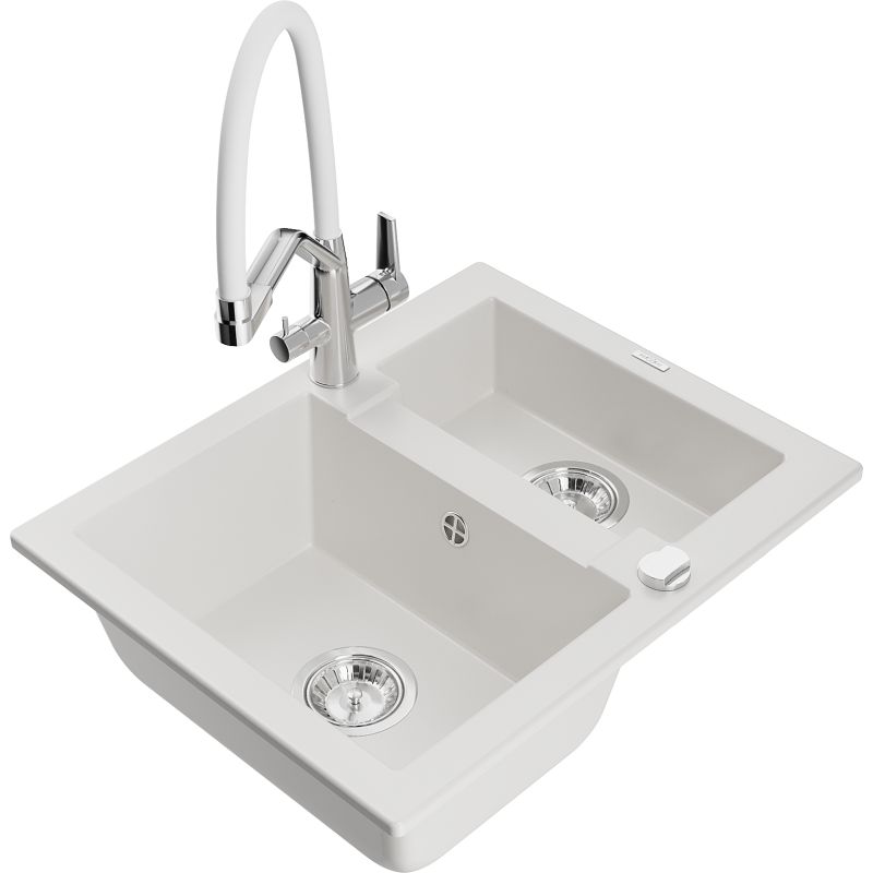 Zlewozmywak granitowy 1.5-komorowy Mexen Carlos z baterią kuchenną Duo biały 6518-20-671701-02