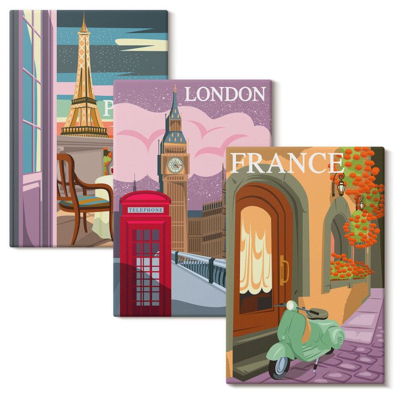 Komplet Obrazów Na Płótnie Wallfluent 40x60 cm Widoki Paryż Londyn retro 3 szt.