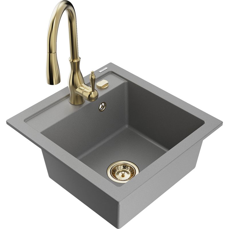 Zlewozmywak granitowy 1-komorowy Mexen Vito z baterią kuchenną Savita szary 6503-71-672601-50