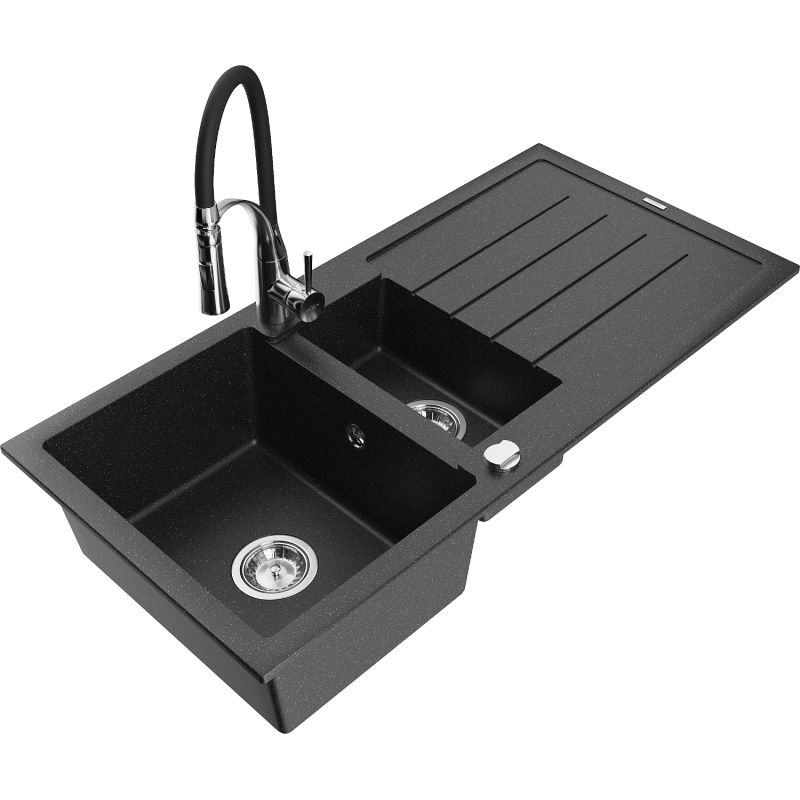 Zlewozmywak granitowy 1.5-komorowy Mexen Andres z ociekaczem i baterią Aster czarny/złoty metalik - 6515-75-73450-70-B 1 szt.