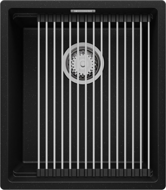 Zlewozmywak Praga Slim PRIMAGRAN Nablatowy 41x47cm do szafki od 45cm, Czarny Metalik + Syfon + Zwijany ociekacz, S126, 1 szt.