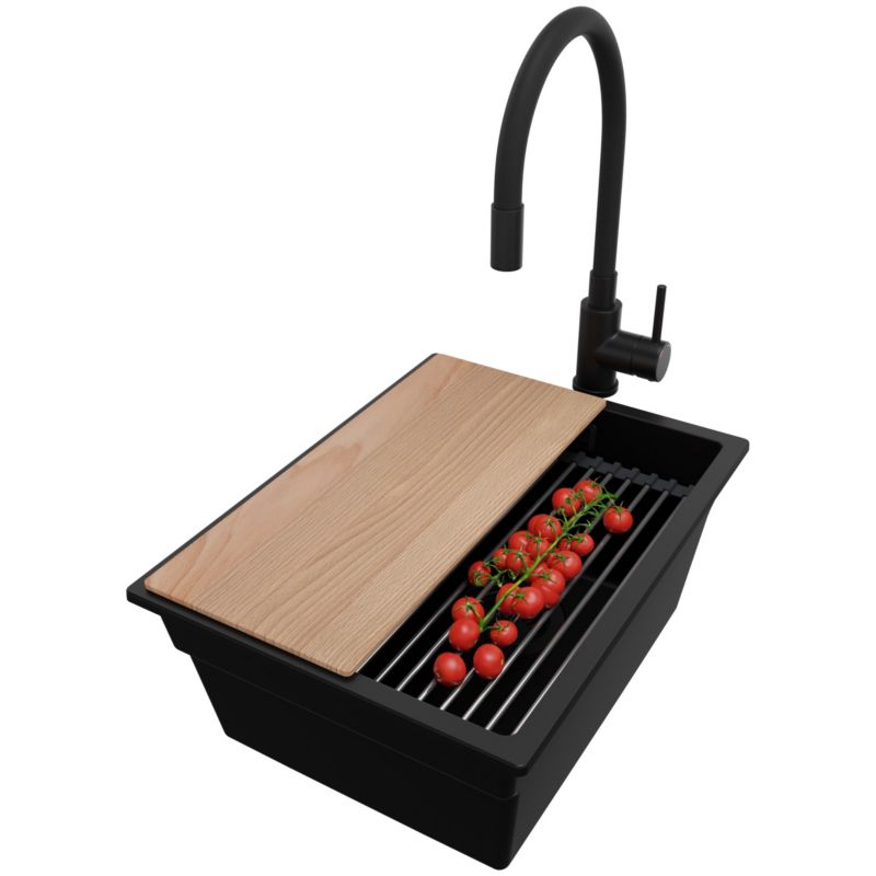 Zlewozmywak Granitowy Praga Slim PRIMAGRAN Nablatowy 36x47cm do szafki od 40cm z Syfonem i Baterią i Dodatkiem Cały Czarny 1 szt.