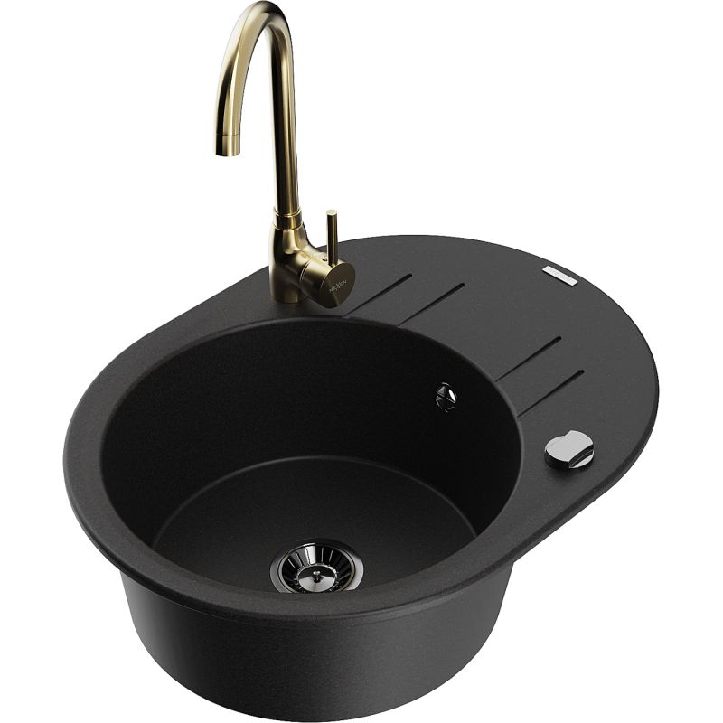 Zlewozmywak granitowy 1-komorowy Mexen Kevin z ociekaczem i baterią kuchenną Telma czarny - 6517-77-670200-70-B 1 szt.