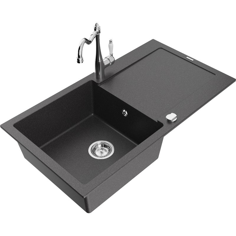 Zlewozmywak granitowy 1-komorowy Mexen Leo z ociekaczem i baterią kuchenną Carla czarny nakrapiany 6501-76-670700-00