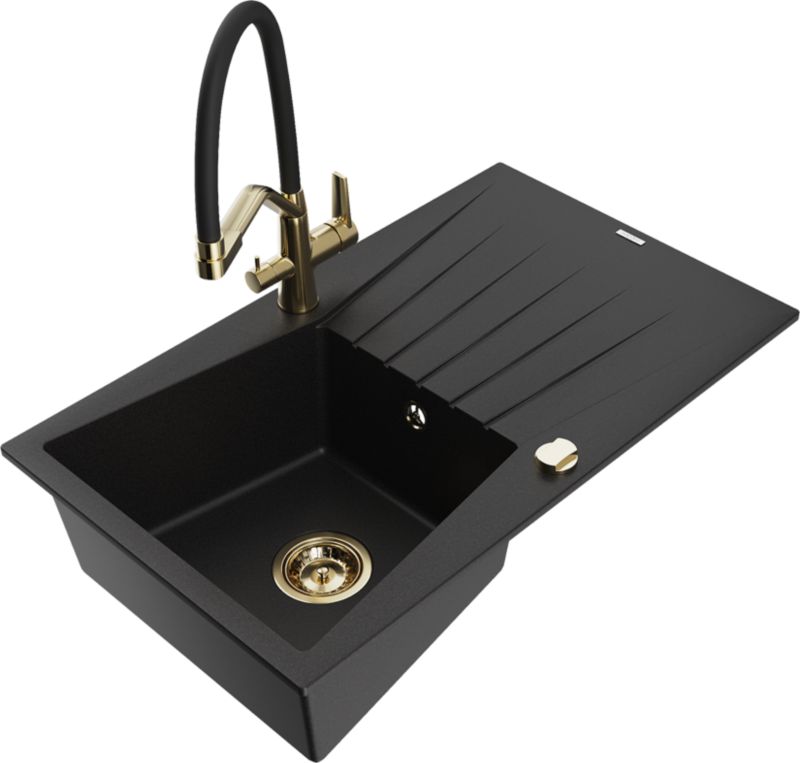 Zlewozmywak granitowy Mexen Cesar 1-komorowy z ociekaczem i baterią kuchenną Duo szary - 6514-71-671701-57-G 1 szt.