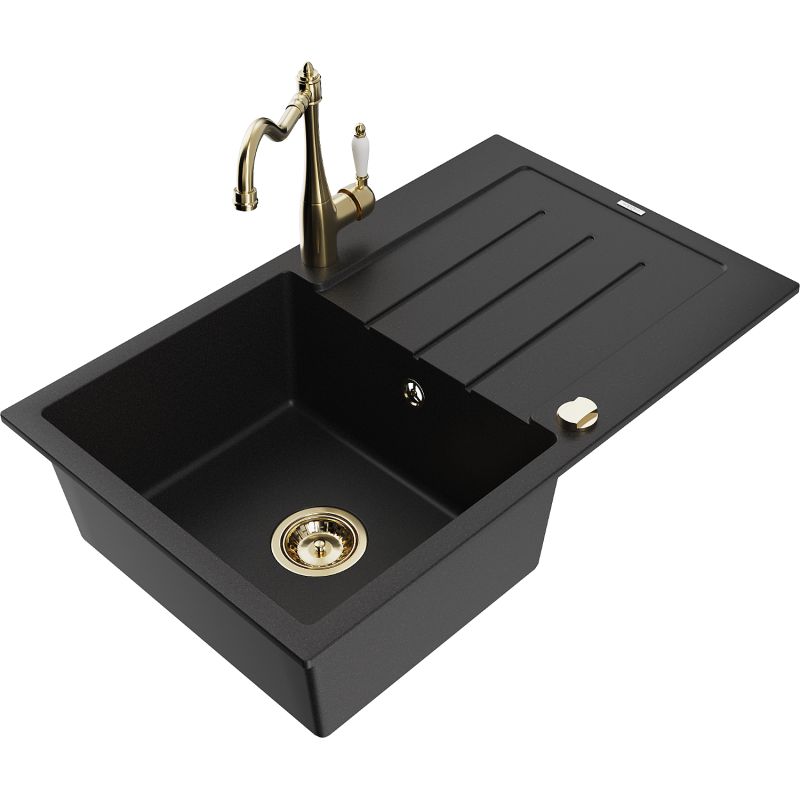 Zlewozmywak granitowy 1-komorowy Mexen Bruno z ociekaczem i baterią kuchenną Carla czarny 6513-77-670700-50