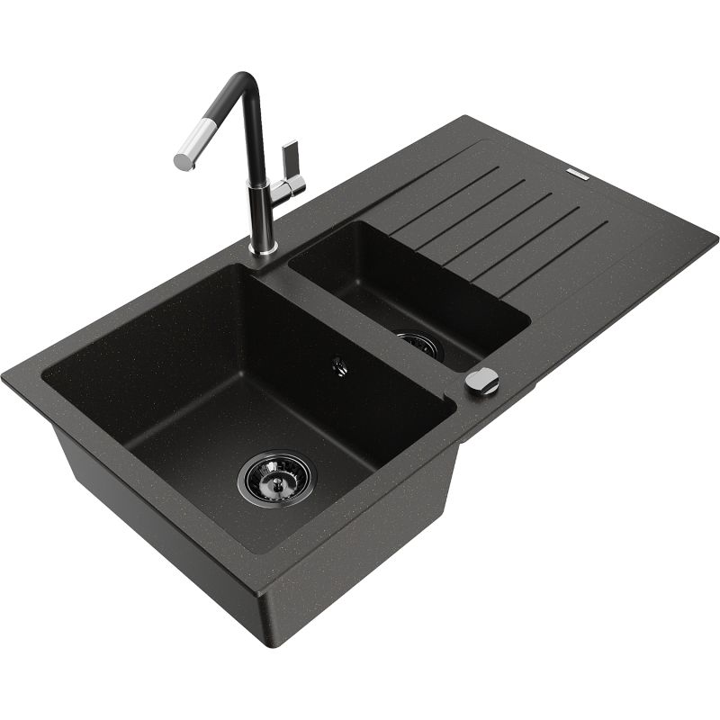 Zlewozmywak granitowy 1.5-komorowy Mexen Matias z ociekaczem i baterią kuchenną Flora czarny/złoty 6502-75-670401-07-B