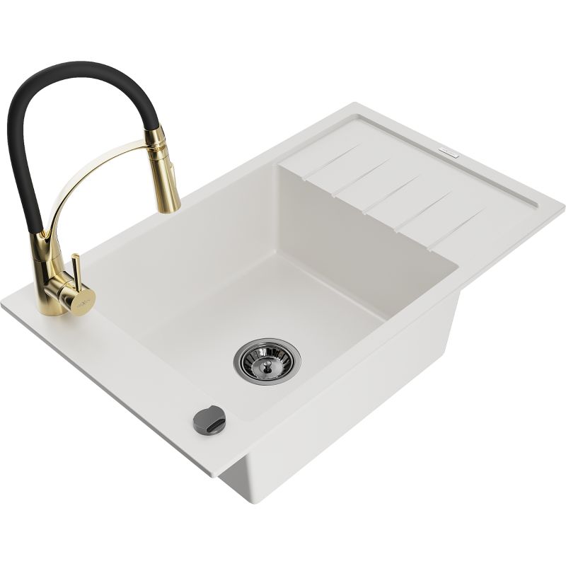 Zlewozmywak granitowy 1-komorowy Mexen Elias z ociekaczem i baterią kuchenną Aster biały 6511-20-73450-57-B