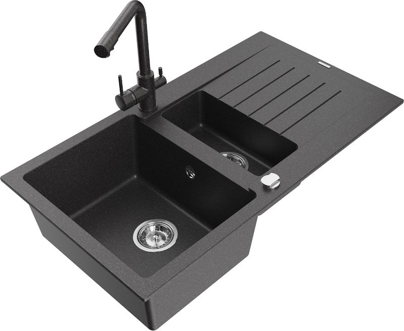 Zlewozmywak granitowy Mexen Matias 1,5-komorowy z ociekaczem i baterią kuchenną Duo beżowy - 6502-69-671701-57-B 1 szt.