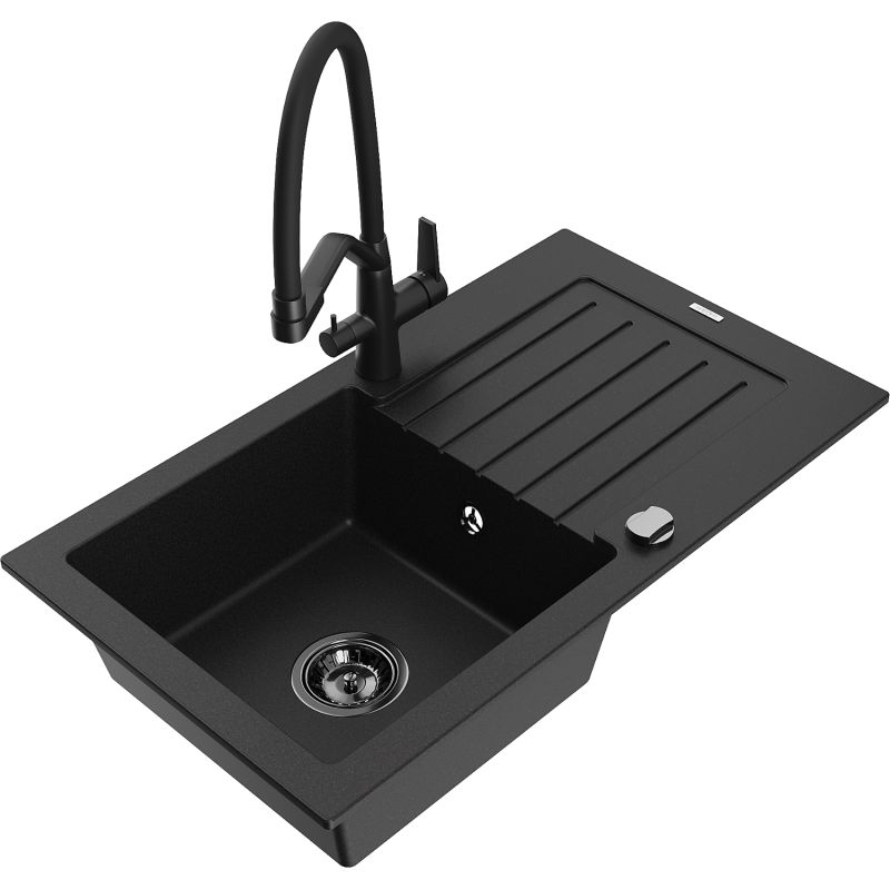 Zlewozmywak granitowy 1-komorowy Mexen Pablo z ociekaczem i baterią kuchenną Duo czarny nakrapiany - 6510-76-671701-70-B 1 szt.
