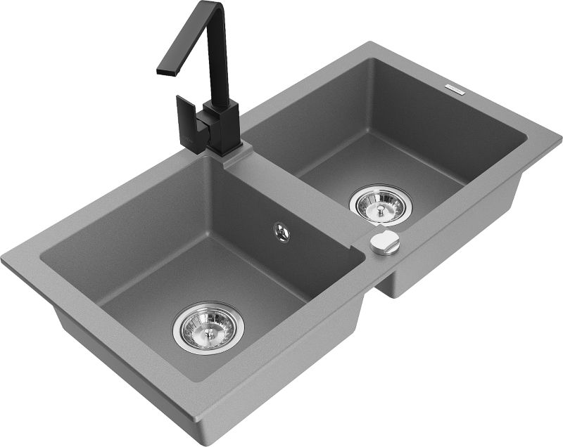 Zlewozmywak granitowy Mexen Mario 2-komorowy z baterią kuchenną Rita szary - 6504-71-670300-70-B 1 szt.