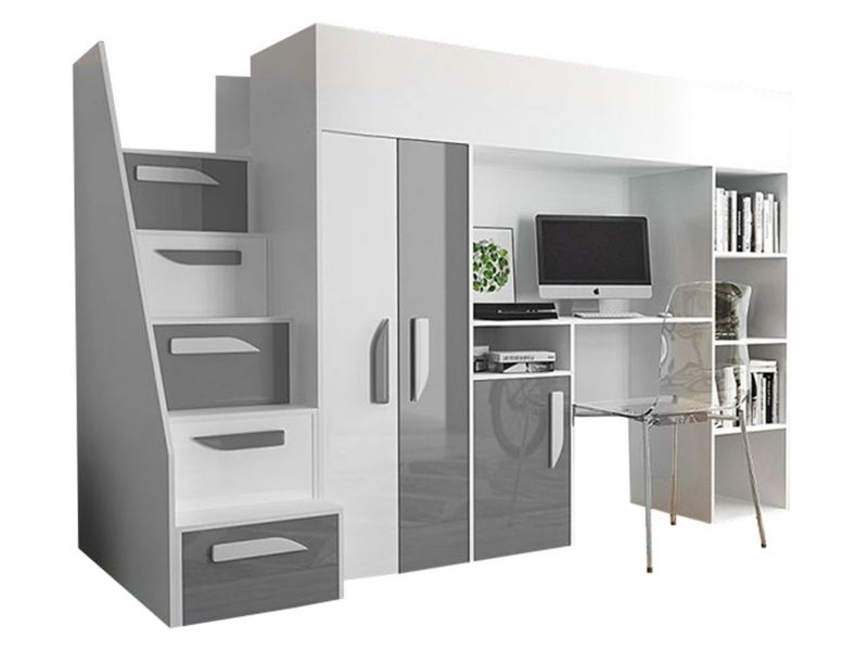 Łóżko piętrowe ze schodami MIRJAN 24 Party 14 biały połysk+szary połysk 1 kpl.