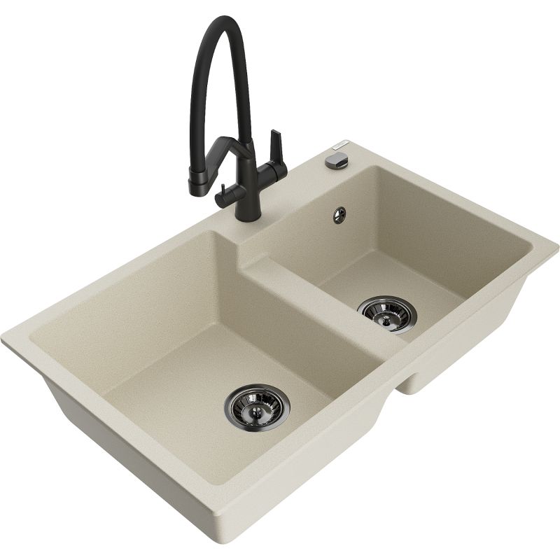 Zlewozmywak granitowy 2-komorowy Mexen Tomas z baterią kuchenną Duo czarny - 6516-77-671701-70-B 1 szt.