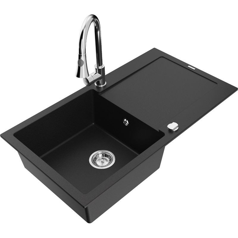 Zlewozmywak granitowy 1-komorowy Mexen Leo z ociekaczem i baterią kuchenną Elia czarny 6501-77-670101-00