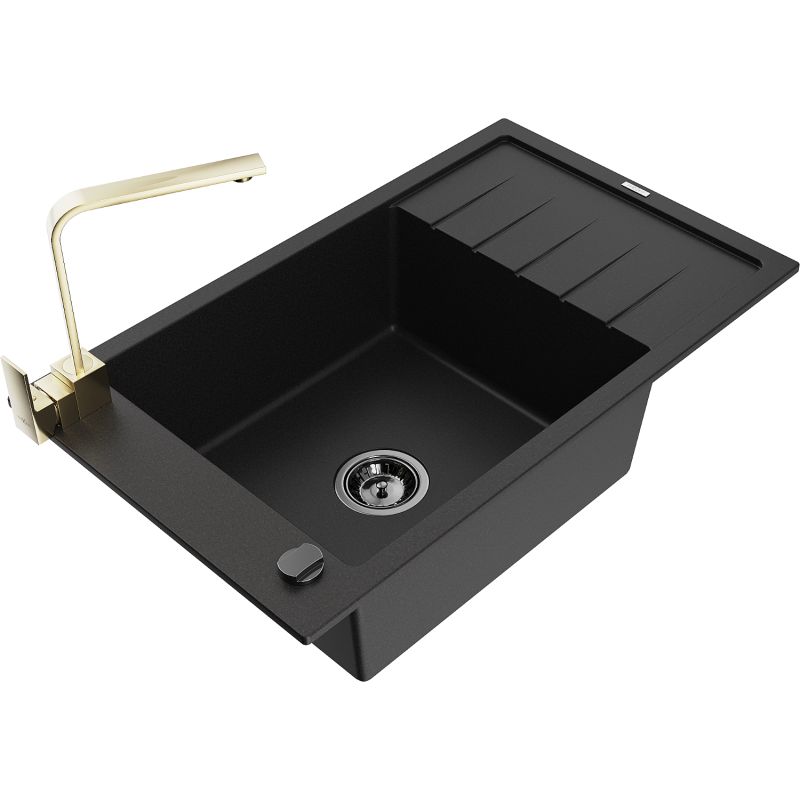 Zlewozmywak granitowy 1-komorowy Mexen Elias z ociekaczem i baterią kuchenną Rita czarny nakrapiany - 6511-76-670300-70-B 1 szt.