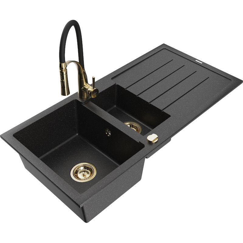 Zlewozmywak granitowy 1.5-komorowy Mexen Andres z ociekaczem i baterią kuchenną Aster czarny/srebrny 6515-73-73450-57-G