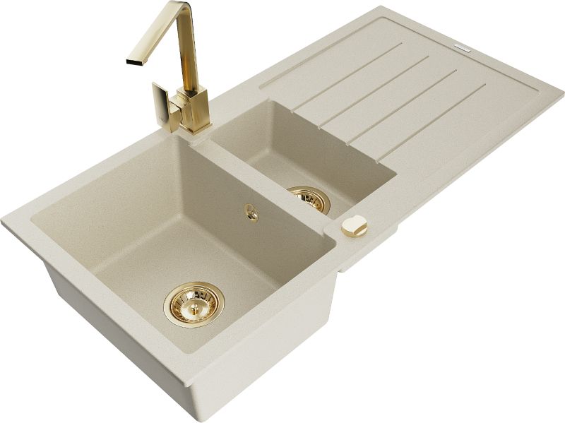 Zlewozmywak granitowy Mexen Andres 1,5-komorowy z ociekaczem i baterią kuchenną Rita biały - 6515-20-670300-50 1 szt.