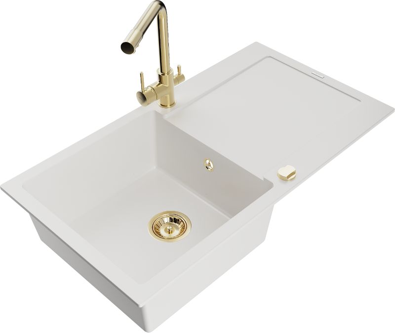 Zlewozmywak granitowy Mexen Leo 1-komorowy z ociekaczem i baterią kuchenną Duo beżowy - 6501-69-671701-07-B 1 szt.