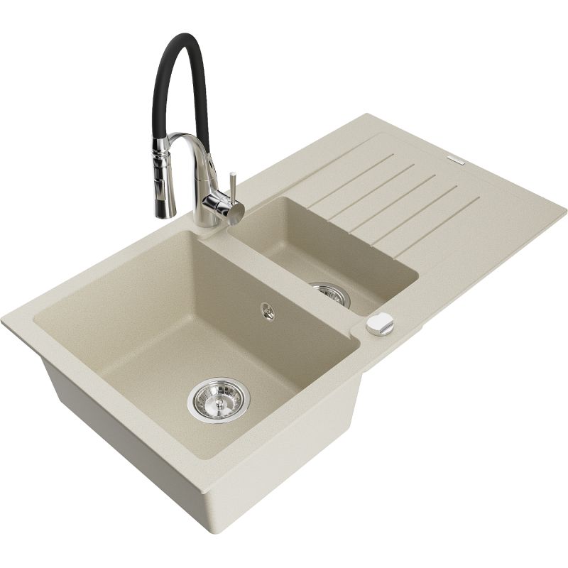 Zlewozmywak granitowy 1.5-komorowy Mexen Matias z ociekaczem i baterią kuchenną Aster beżowy 6502-69-73450-07
