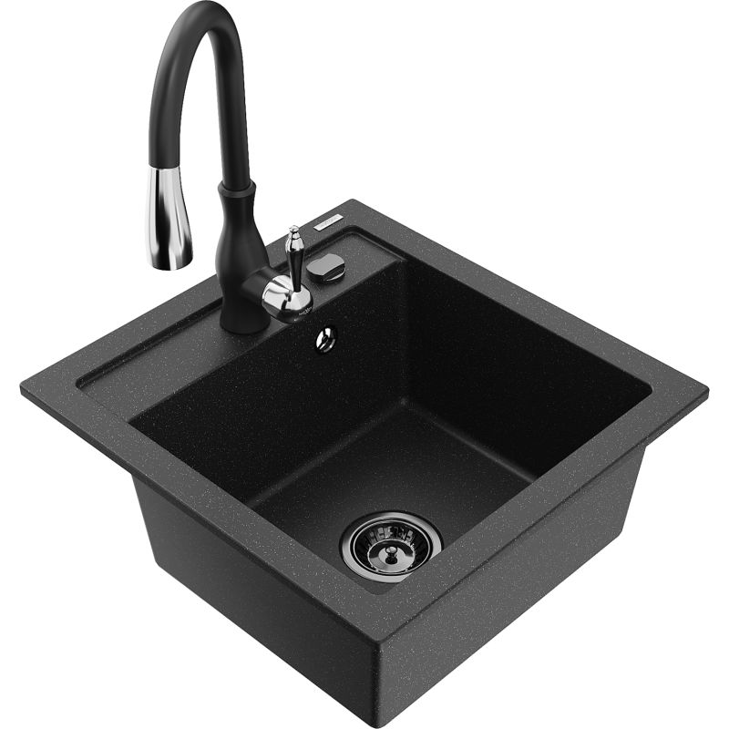 Zlewozmywak granitowy 1-komorowy Mexen Vito z baterią kuchenną Savita czarny/srebrny metalik 6503-73-672601-70-B