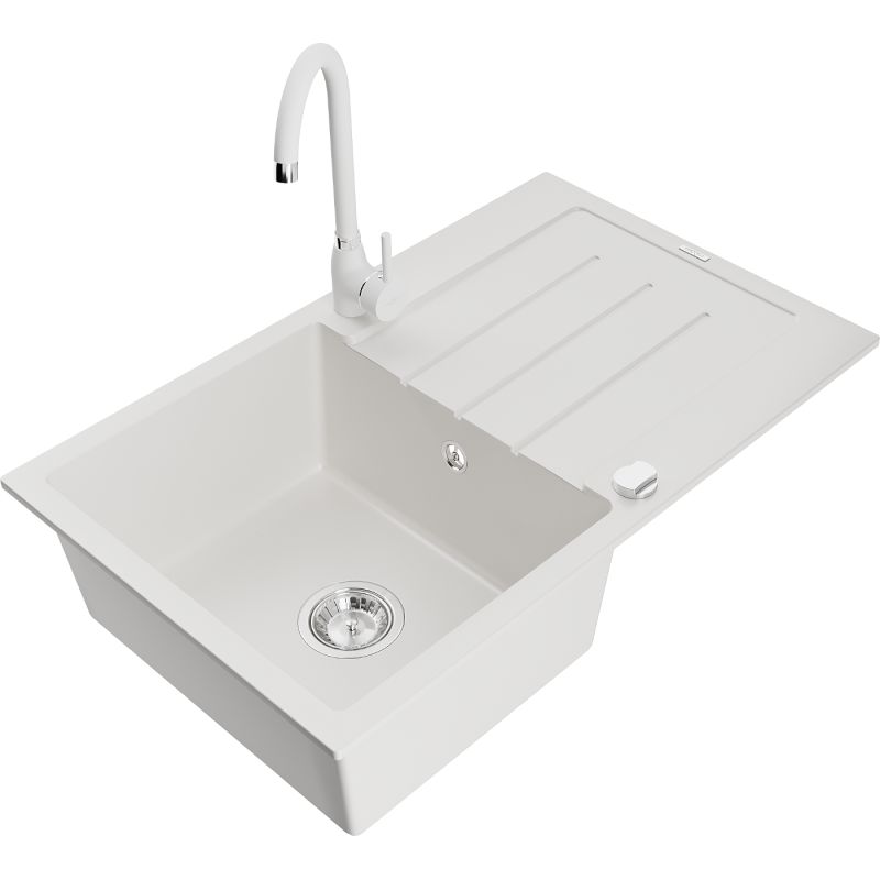 Zlewozmywak granitowy 1-komorowy Mexen Bruno z ociekaczem i baterią kuchenną Telma biały 6513-20-670200-20