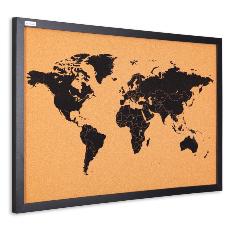 Tablica korkowa mapa świata rama drewniana lakierowana czarna 60 x 40 cm 1 szt.