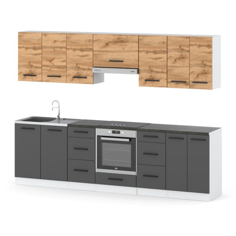 Zestaw Kuchenny Hurtownia-Mebli Z Blatem Kuchnia Roma 280cm Biały Mat Dąb Wotan/Szary Mat 280x47x145 cm 1szt.