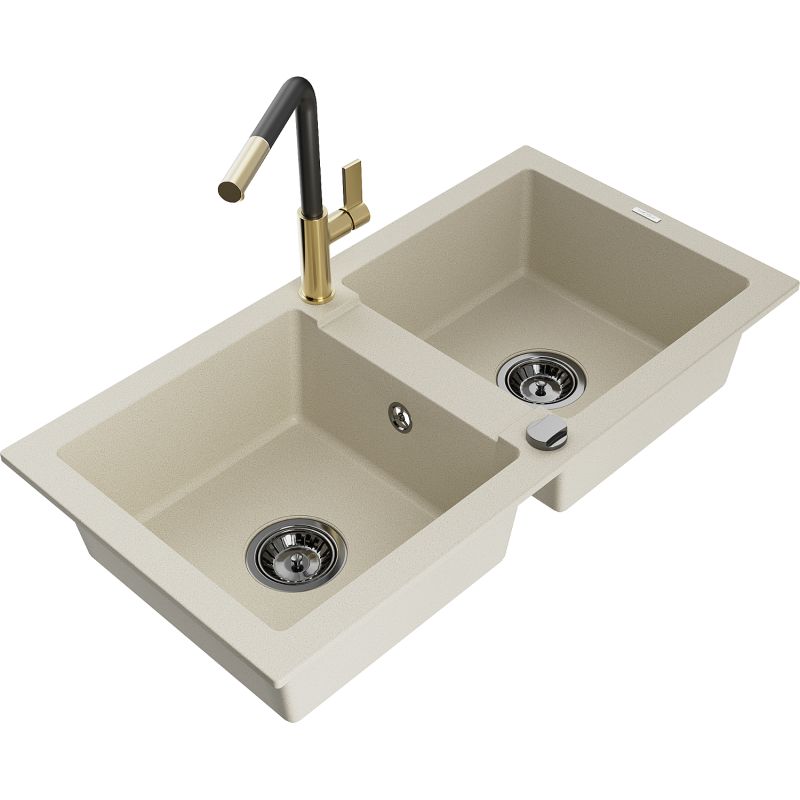 Zlewozmywak granitowy 2-komorowy Mexen Mario z baterią kuchenną Flora beżowy 6504-69-670401-57-B
