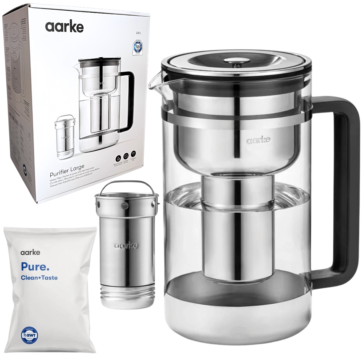 Dzbanek ze szkła filtrujący wodę AARKE Purifier 2,8 litra. Większy, szklany dzbanek AARKE.