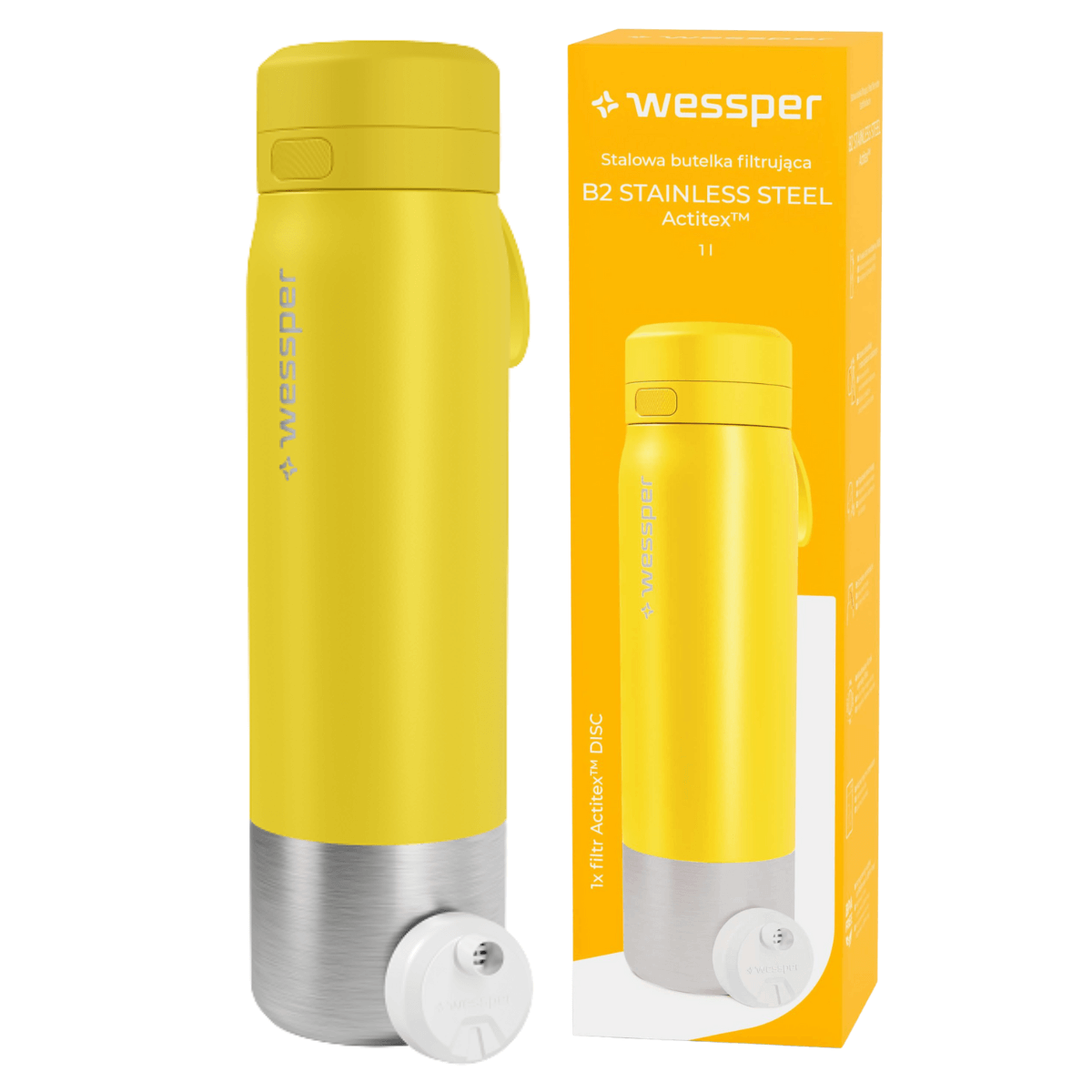 Butelka stalowa z filtrem wymiennym Wessper żółta 1000 ml.