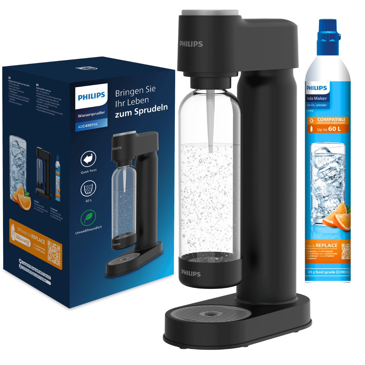 Saturator PHILIPS, kolor czarny. Urządzenie do gazowania wody, syfon domowy do wody gazowanej. PHILIPS ADD4901BK/10.