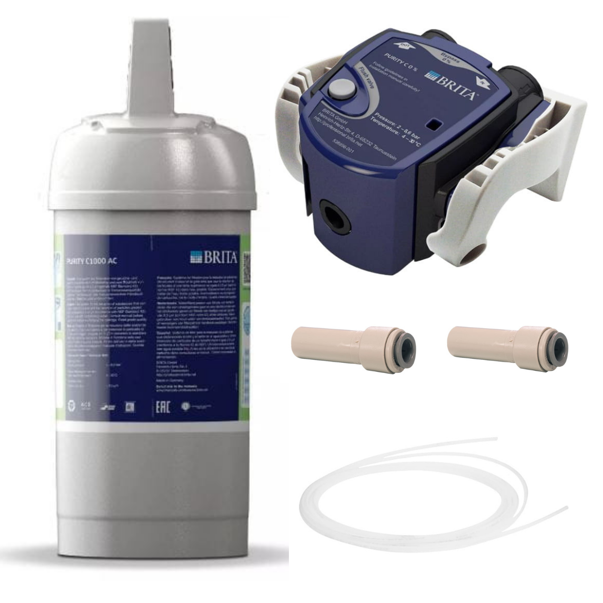 Zestaw BRITA do podłączenia w dystrybutorach wody. Filtr, głowica, złączki i wężyk. Zestaw do wody miękkiej i lekko twardej.