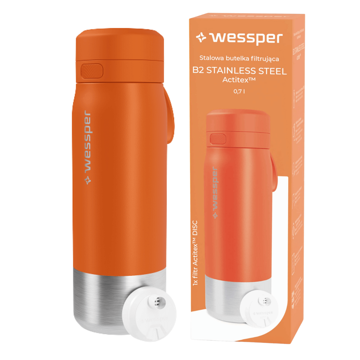 Stalowa butelka z filtrem Wessper 700 ml, pomarańczowa.