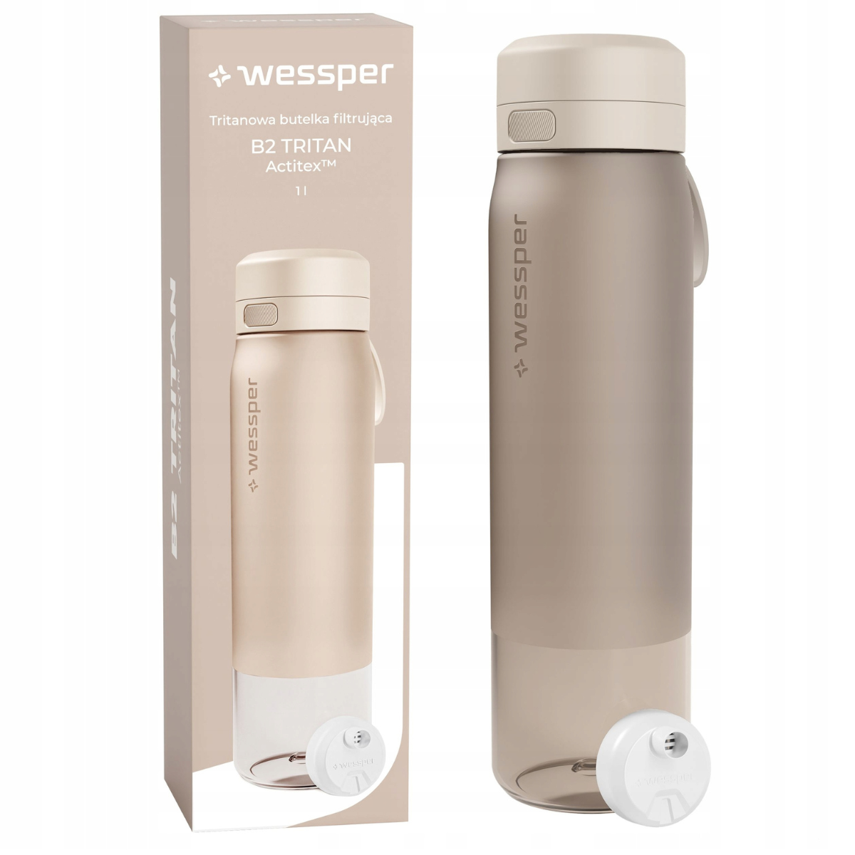 Butelka tritanowa z filtrem Wessper, bidon beżowy 1000 ml.