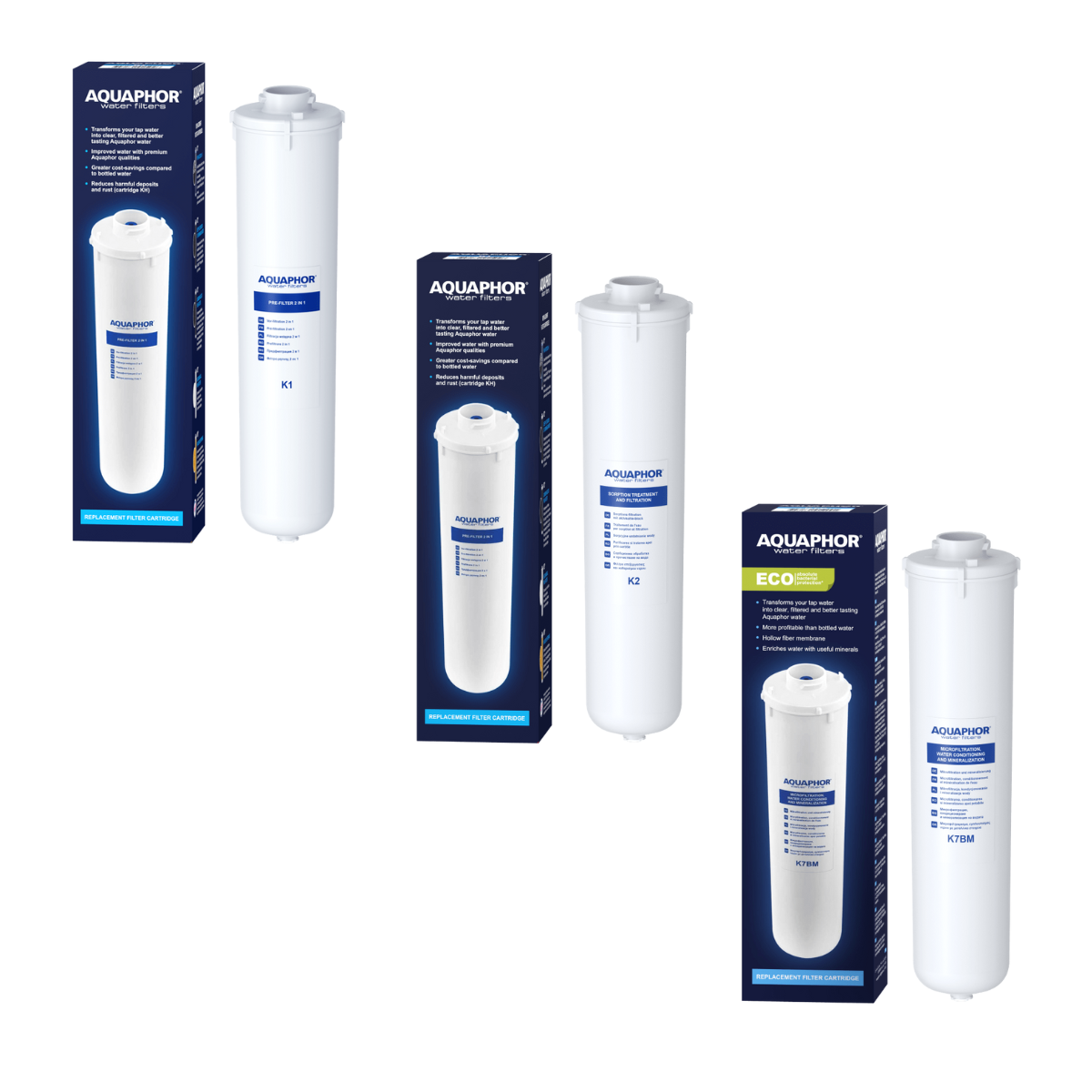 Pełny zestaw wkładów do filtra wody Aquaphor RO202S. Wkład K1 + K2 + K7BM. Oryginalne filtry wymienne na serwis Aquaphor RO-202S.