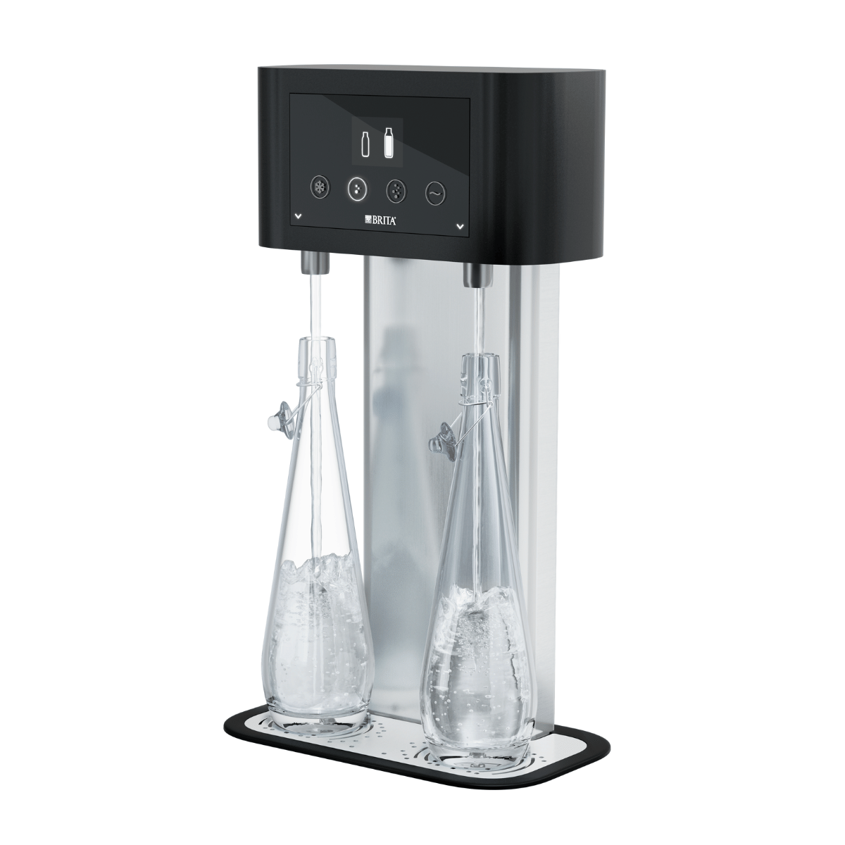 Kran filtrujący BRITA Fill T-Tap ze zintegrowaną tacką ociekową. Woda gazowana, schłodzona lub niegazowana.