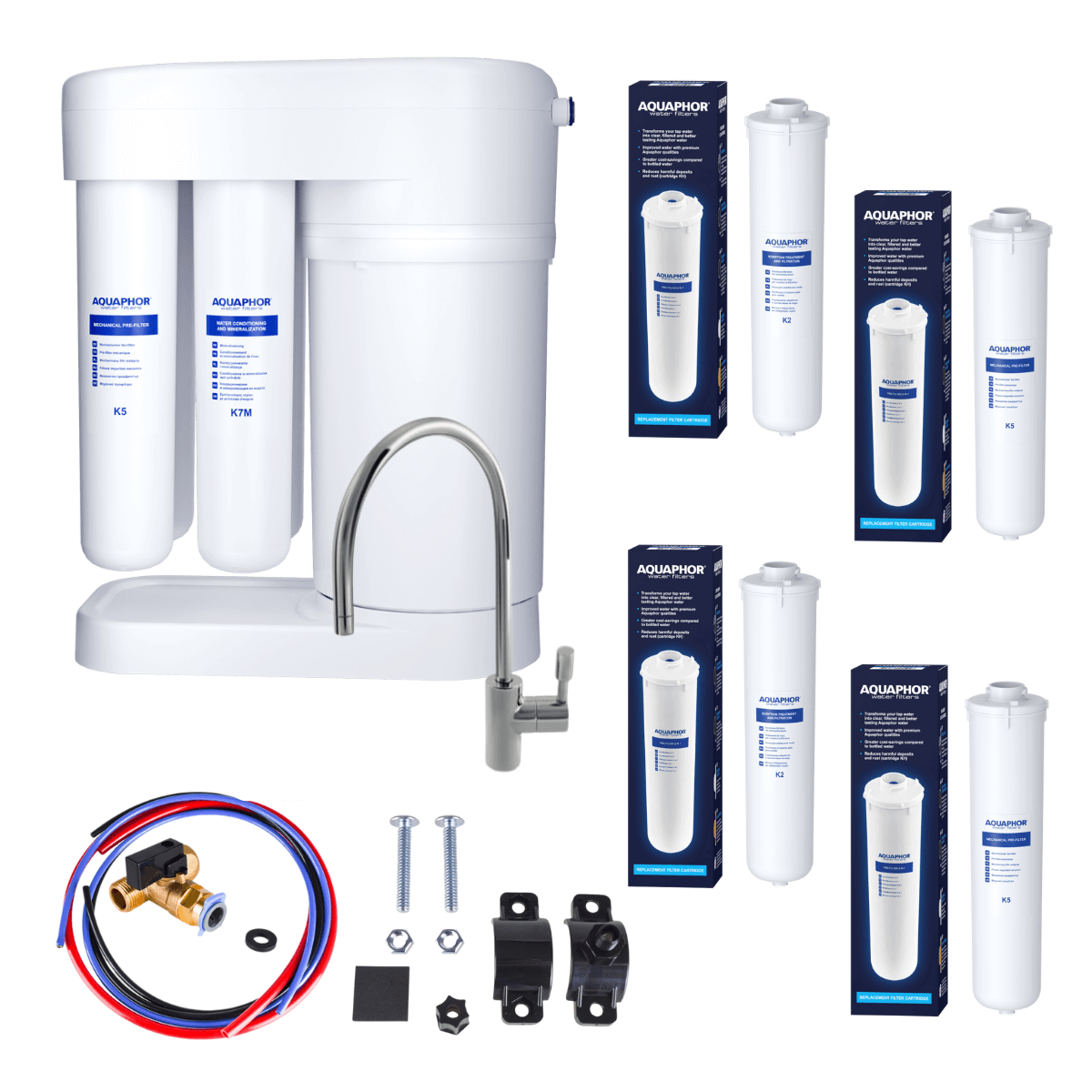 Aquaphor Morion RO-101S filtr do wody z wbudowanym zbiornikiem + zestaw 4 zapasowych filtrów (2 x K2, 2 x K5).