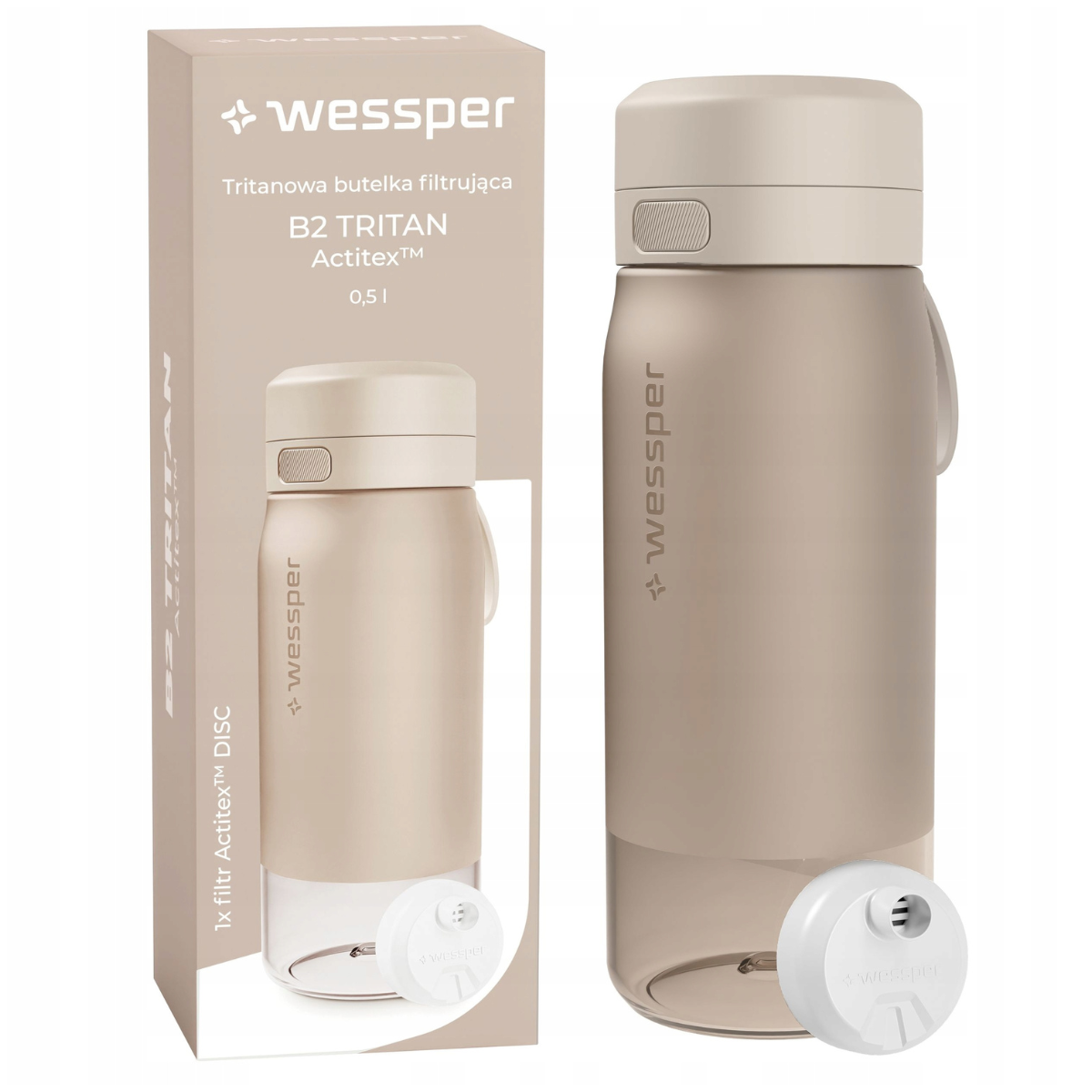 Butelka filtrująca tritanowa Wessper w kolorze beżowym 500 ml.